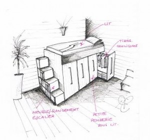 Rangement dans zone de couchage d'une Tiny house.