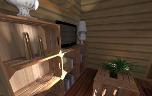 Un meuble composé de cagettes permet au salon d'obtenir un vrai meuble TV avec rangements. Voici un intérieur de Tiny house bien confortable !