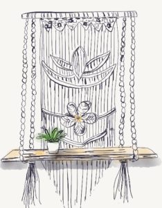 Croquis étagère en macramé pour tiny house.